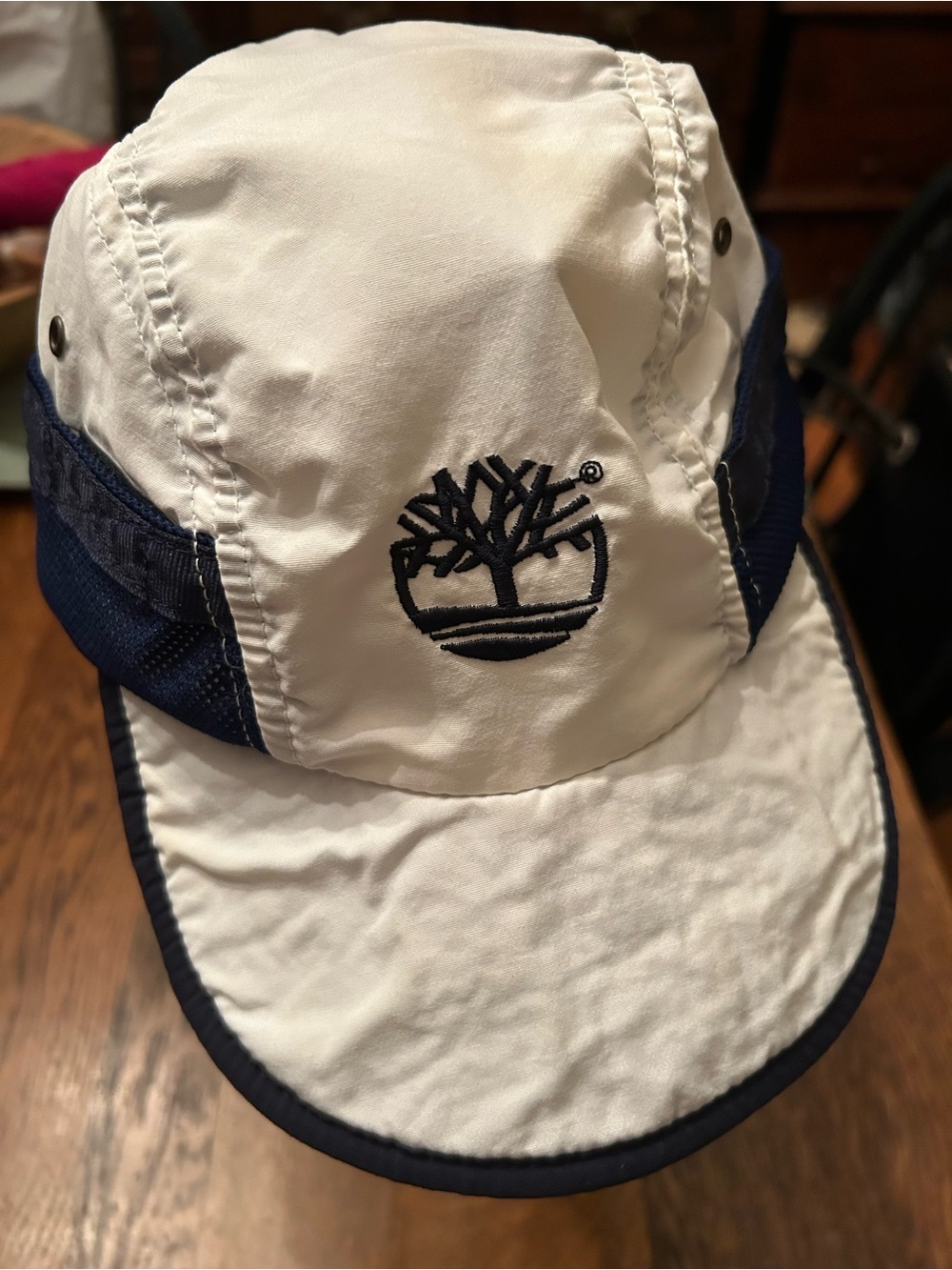 Timberland White and Navy Logo Unisex Cap with Tree Patch, stretch close back.